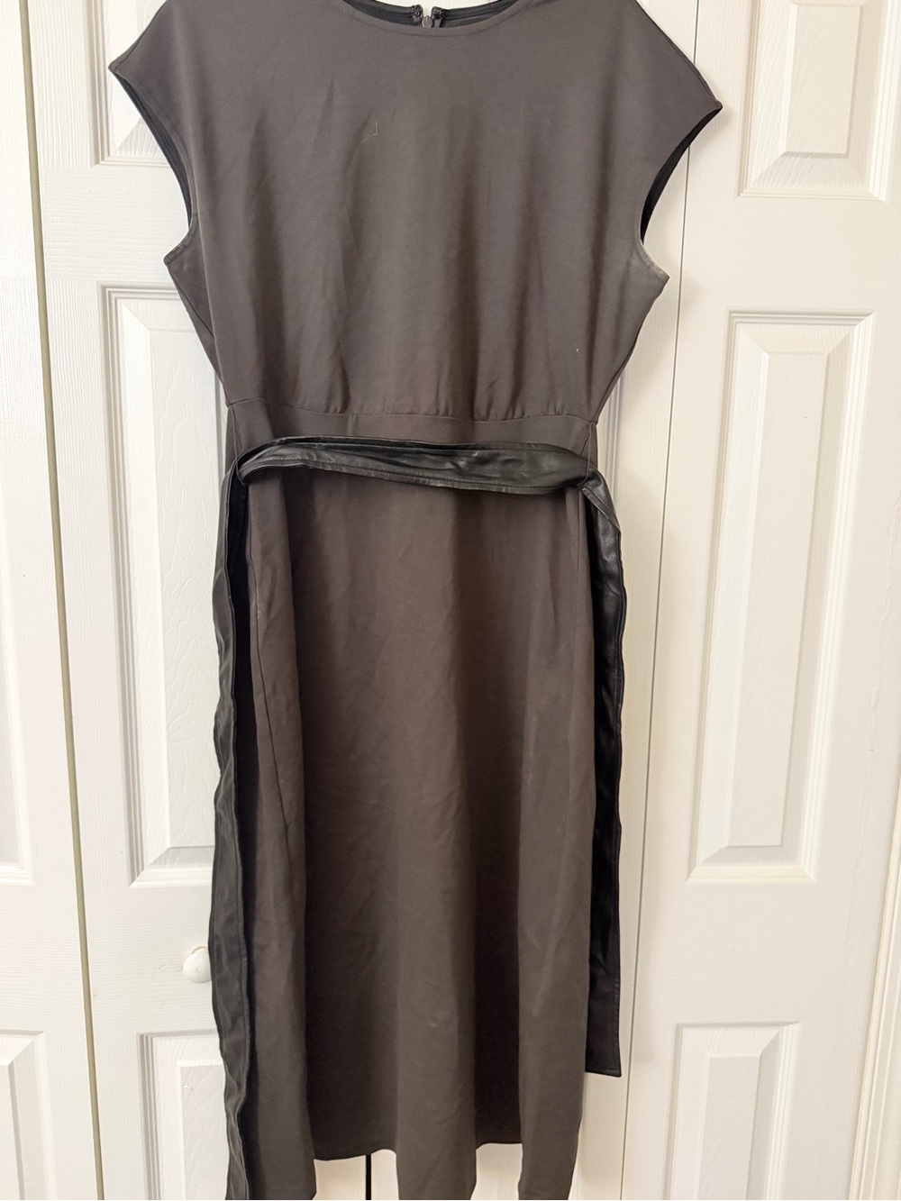 Ann Taylor Black Midi Dress with Faux-Leather Waist Tie